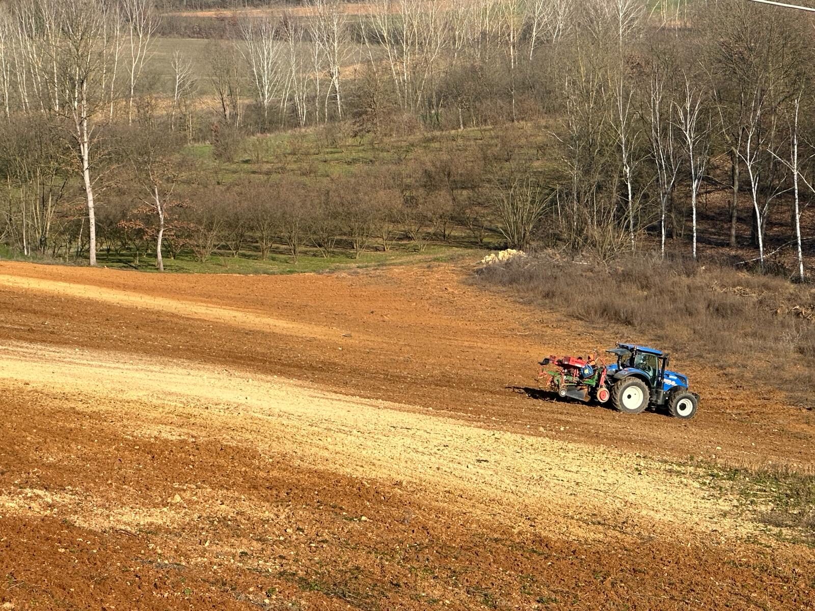 Tractor in the vineyard of Tenuta CostaRossa process of planting Pinot Nero
